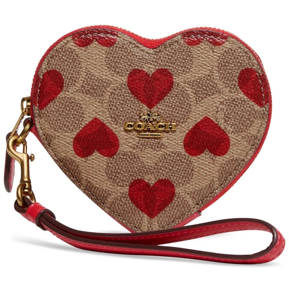 Coach Heart Coin Case Wristlet in Signature Canvas Tan/Red Heart